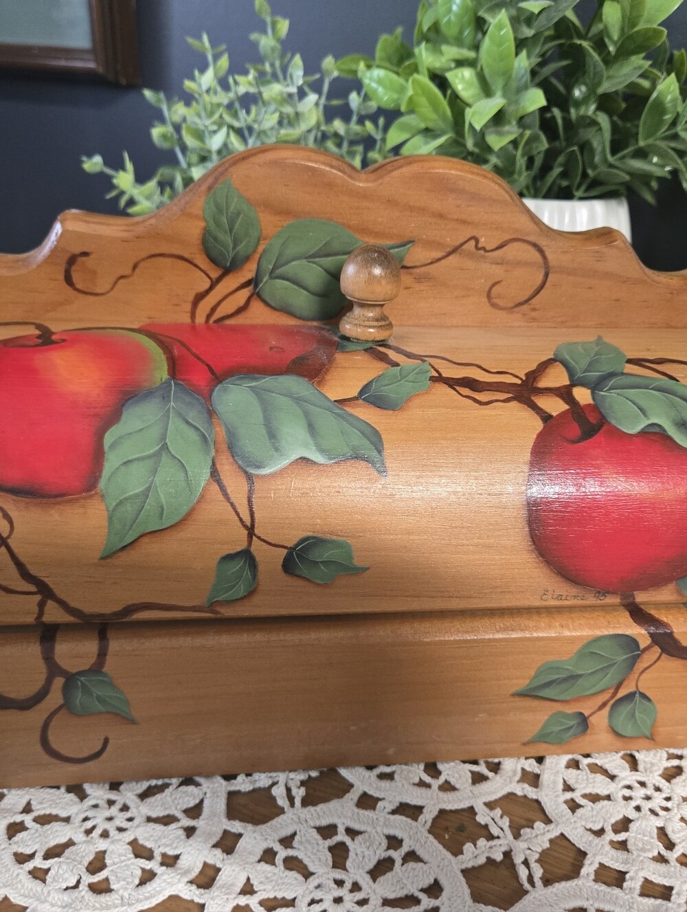 Hand-Painted Wooden Bread Box – Apple Folk Art – Signed 1995